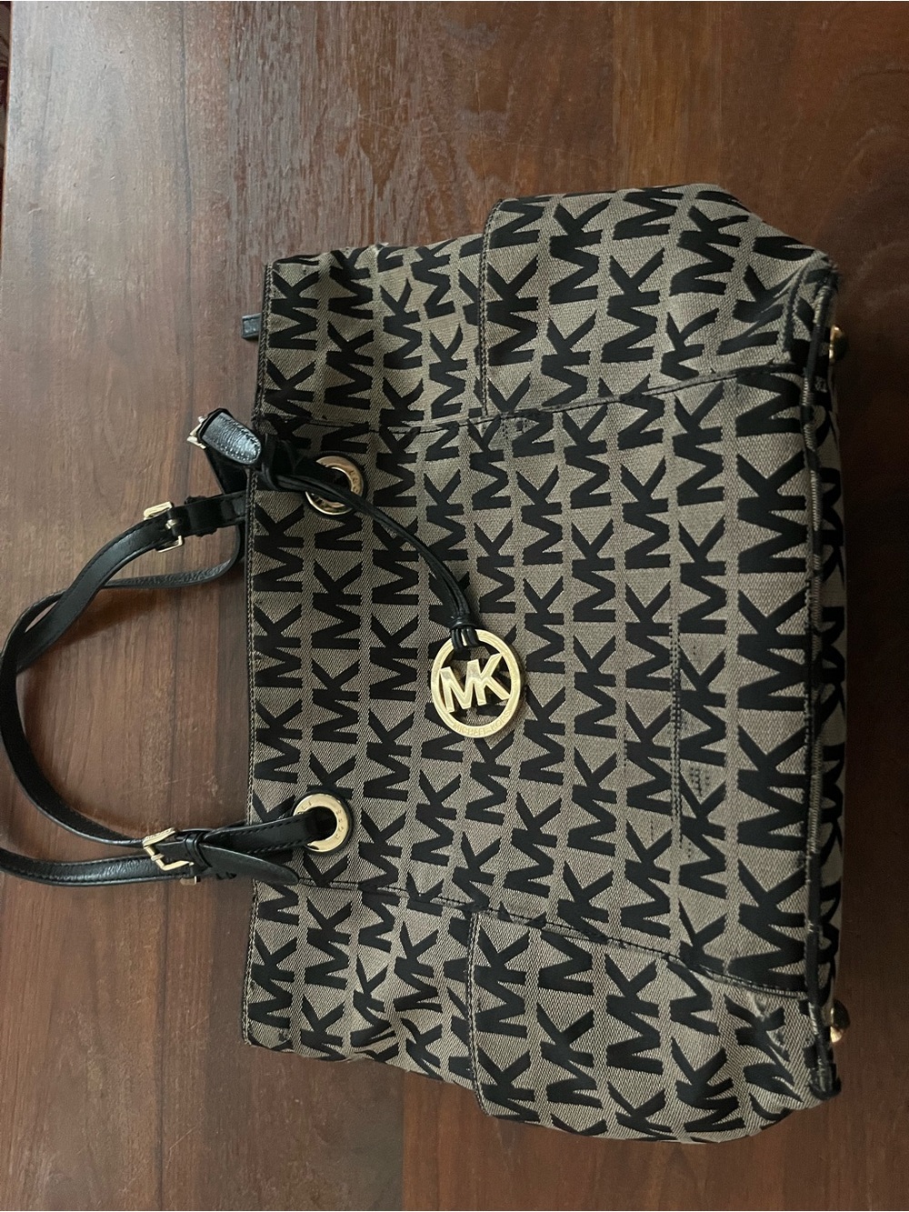 Michael Kors Brown MK Monogram Tote with Black Trim and Gold Hardware